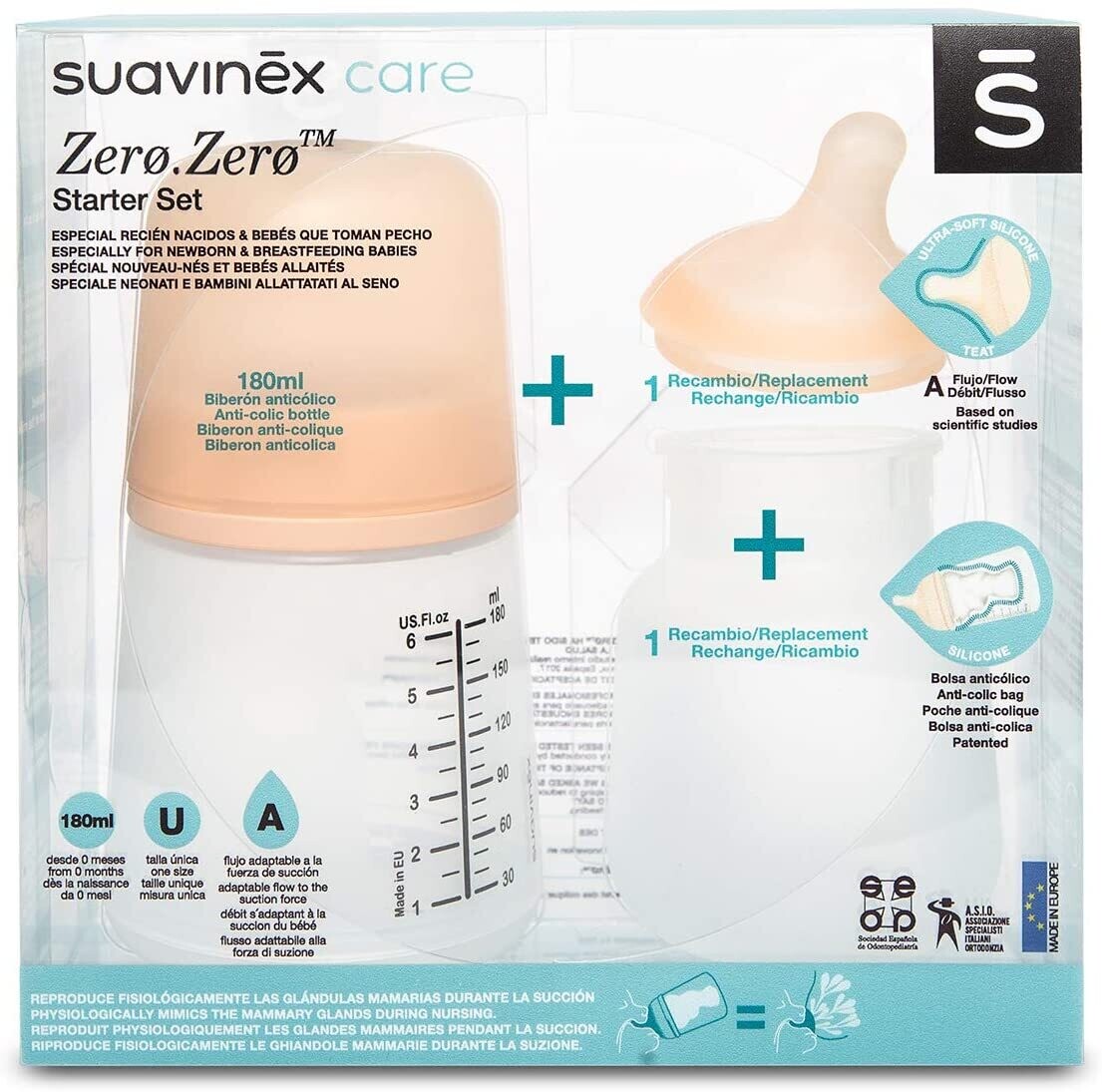 Suavinex Kit Biberon Speciale Allattamento Zero Zero 180ml + Ricambi