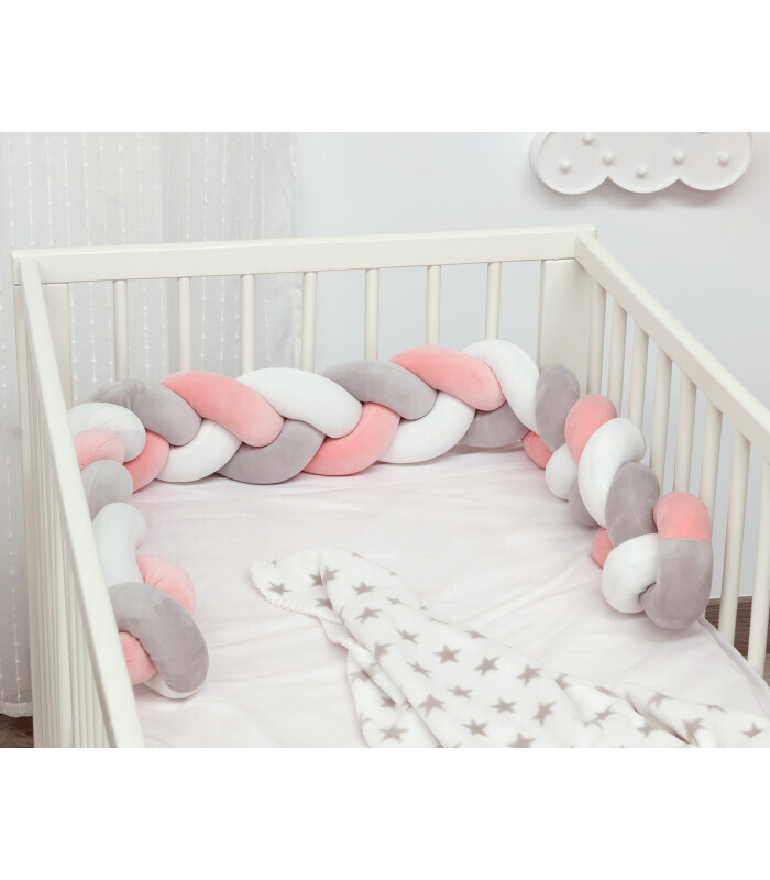 Kiokids Paracolpi per Culla Intrecciato Rosa e Grigio 1,5 Metri