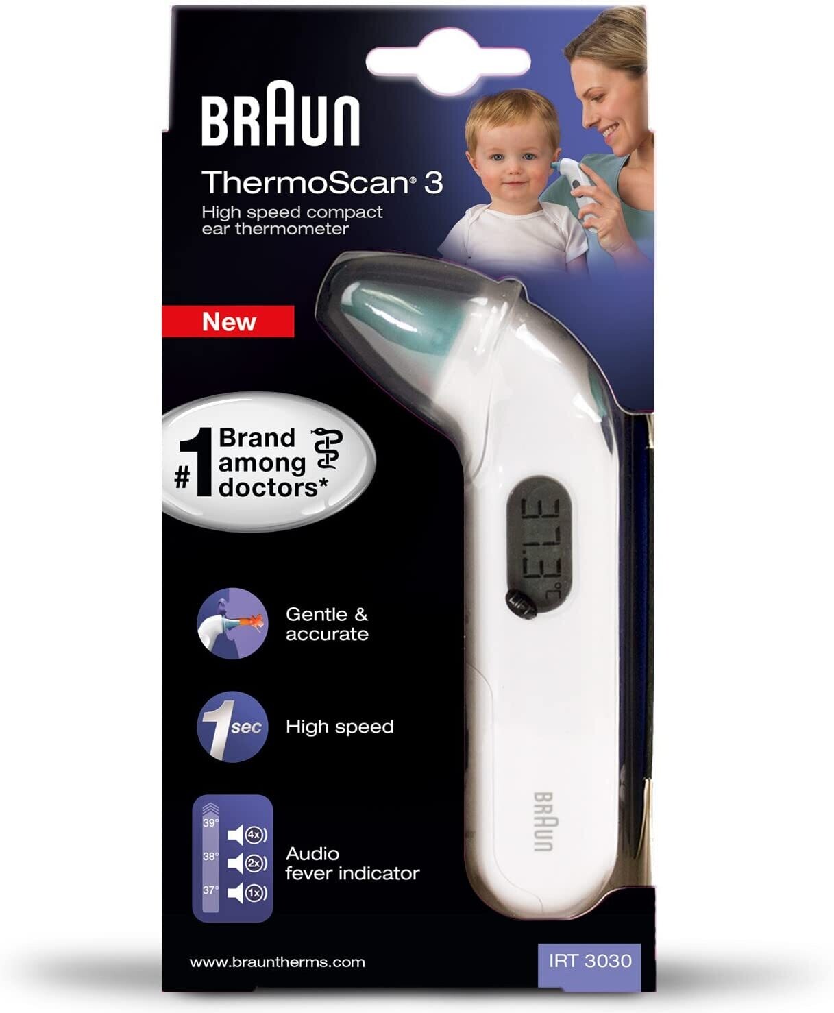 Braun ThermoScan 3 Termometro Auricolare a Infrarossi con Misurazione Veloce, Schermo LCD