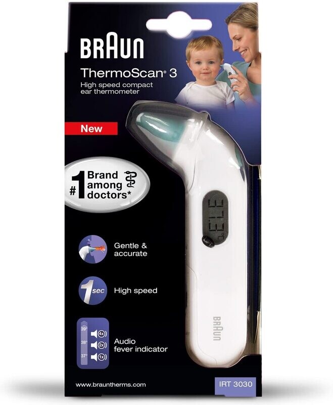 Braun ThermoScan 3 Termometro Auricolare a Infrarossi con Misurazione Veloce, Schermo LCD