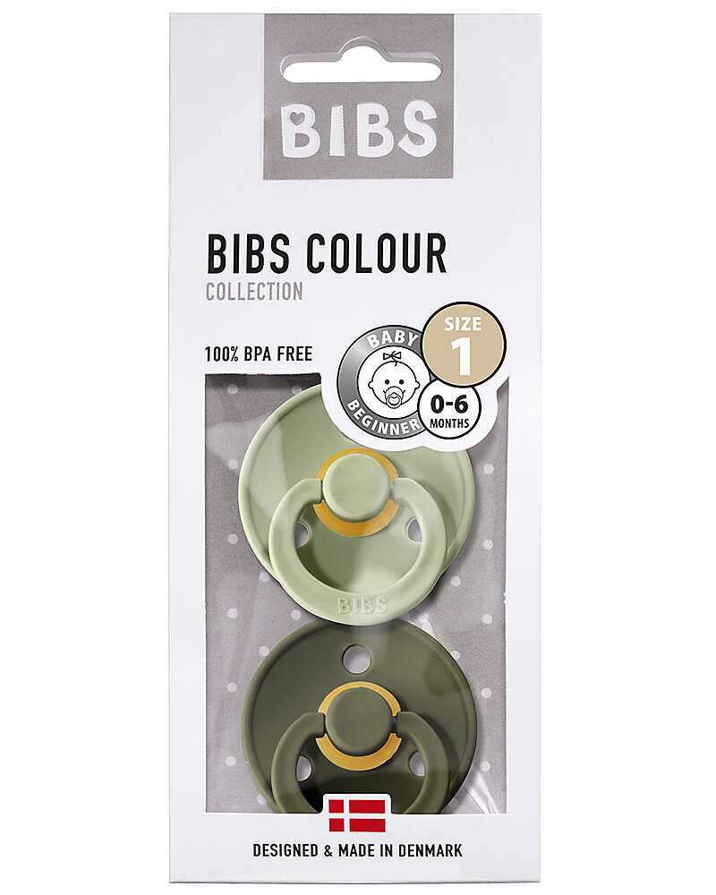 Bibs Colour Set Succhietti Salvia e Oliva 0-6 Mesi Tettarella Rotonda in Gomma 2pz