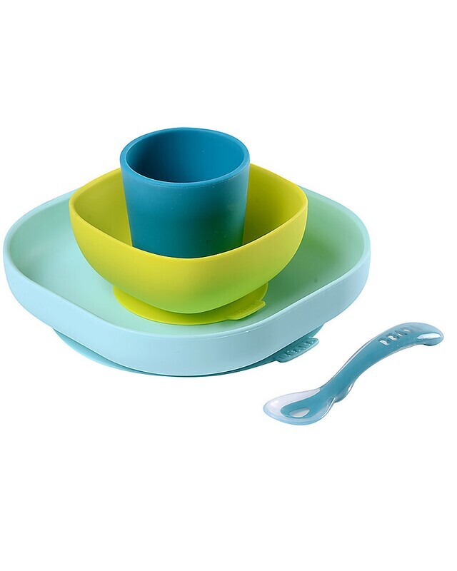 Beaba Set Completo per Pappa 4 pezzi Silicone Blu Giallo Azzurro