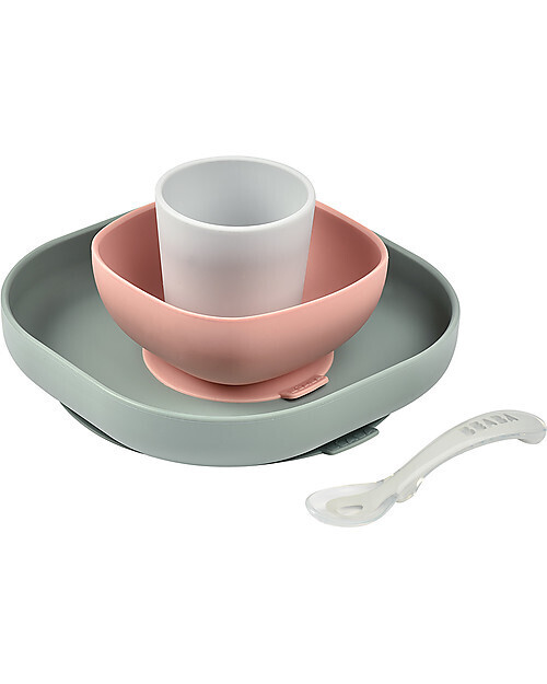 Beaba Set Completo per Pappa Piatto Scodella Tazza Cucchiaio 4 pezzi in Silicone Grigio Eucalipto Rosa Antico