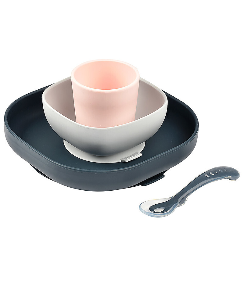 Beaba Set Completo per Pappa Piatto Scodella Tazza Cucchiaio 4 pezzi in Silicone Grigio Blu Scuro Rosa
