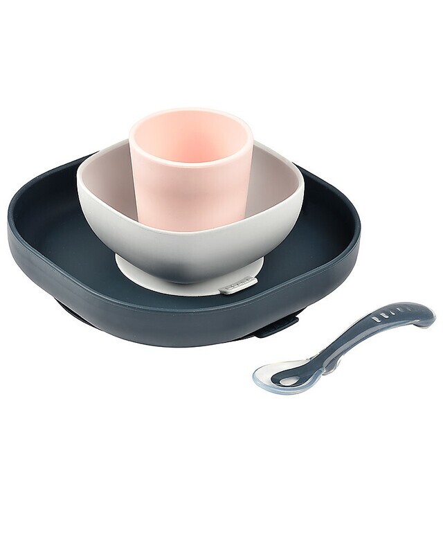 Beaba Set Completo per Pappa Piatto Scodella Tazza Cucchiaio 4 pezzi in Silicone Grigio Blu Scuro Rosa