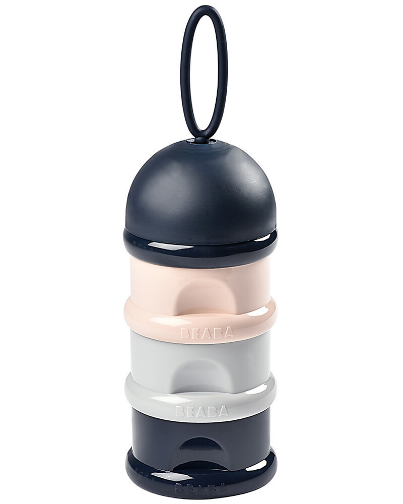 Beaba Contenitore per Latte in Polvere o Snack Impilabile Blu Scuro Grigio Rosa Con 3 Scomparti Ermetici e Impilabili