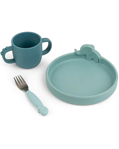 Done By deer Set Pappa Peekaboo Deer Friends Blu Con Piatto Tazza con Manici Forchetta