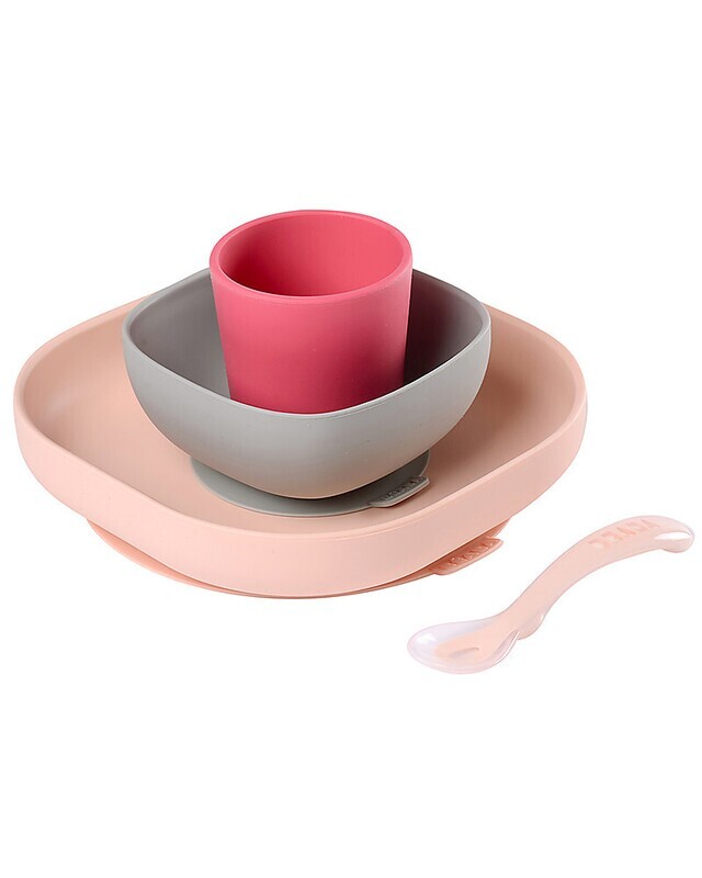 Beaba Set Completo per Pappa 4 pezzi Silicone Grigio Rosa Rosa Antico