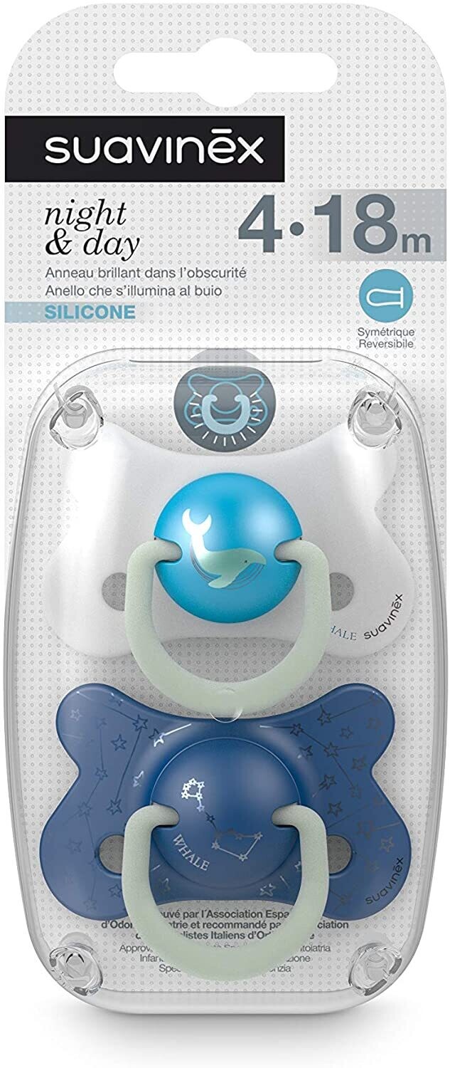 Suavinex Succhietti Night &amp; Day Tettina in Silicone Reversibile 4-18 mesi 2pz