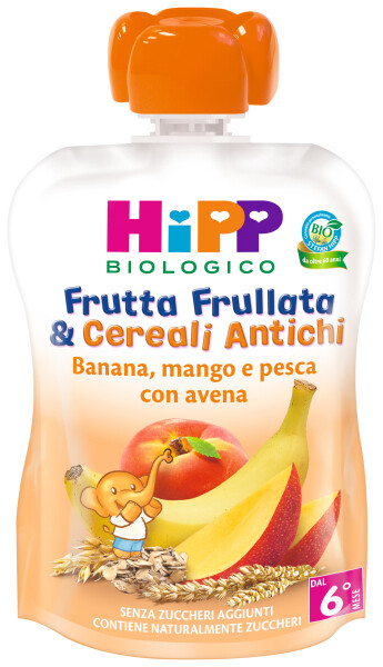 Hipp Frutta Frullata &amp; Cereali Antichi Banana Mango e Pesca con Avena Confezione da 90g