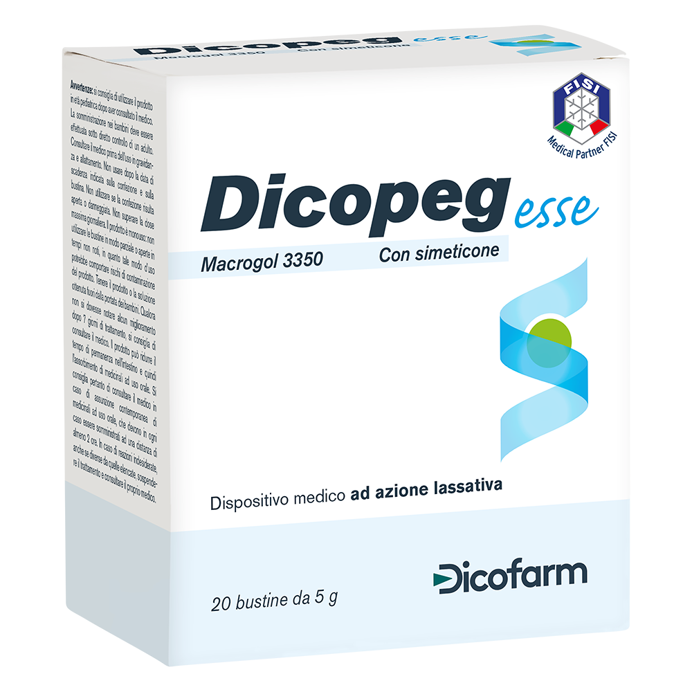 Dicofarm Dicopeg Esse 20 bustine 5gr Prodotto ad azione lassativa a base di Macrogol 3350. Con simeticone.