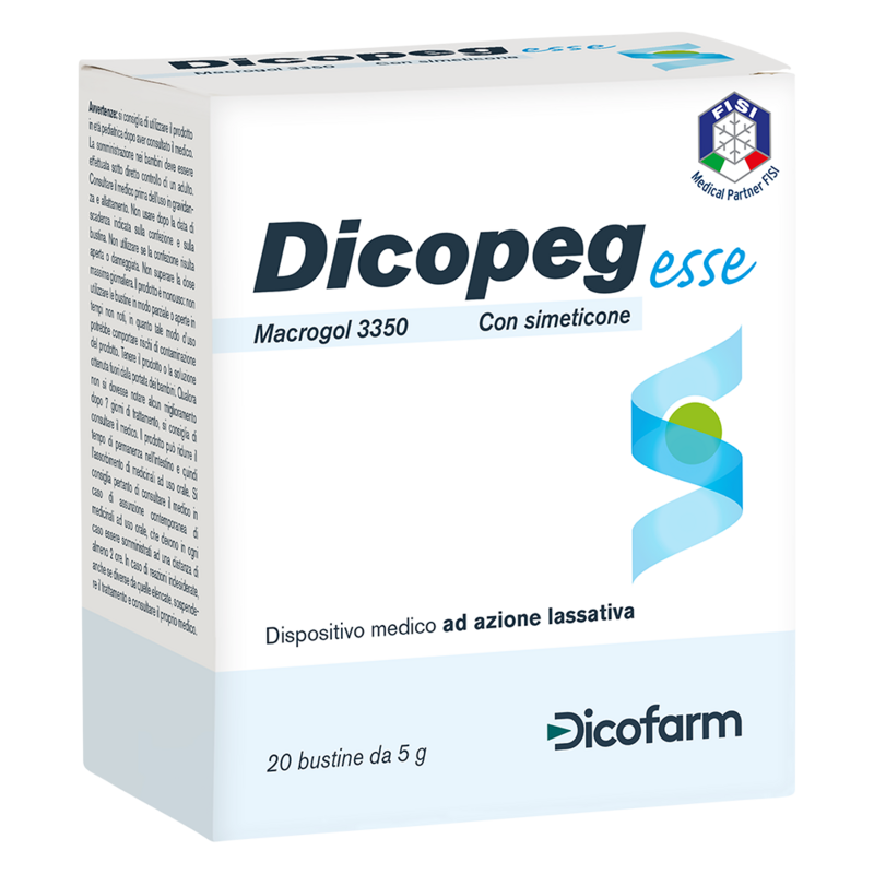 Dicofarm Dicopeg Esse 20 bustine 5gr Prodotto ad azione lassativa a base di Macrogol 3350. Con simeticone.