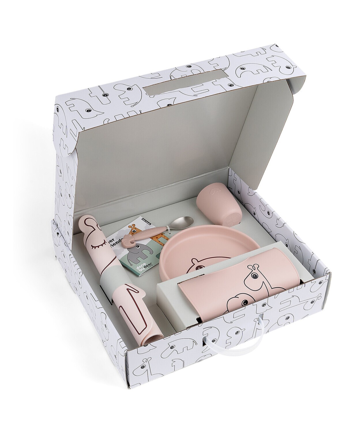 Done By Deer Goodie Box Prima Pappa - Set con Bavaglino, Tovaglietta, Piatto, Cucchiaio e mini Tazza - Cipria - 100% Silicone Alimentare