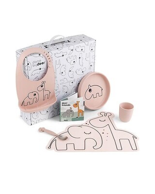 Done By Deer Goodie Box Prima Pappa - Set con Bavaglino, Tovaglietta, Piatto, Cucchiaio e mini Tazza - Cipria - 100% Silicone Alimentare