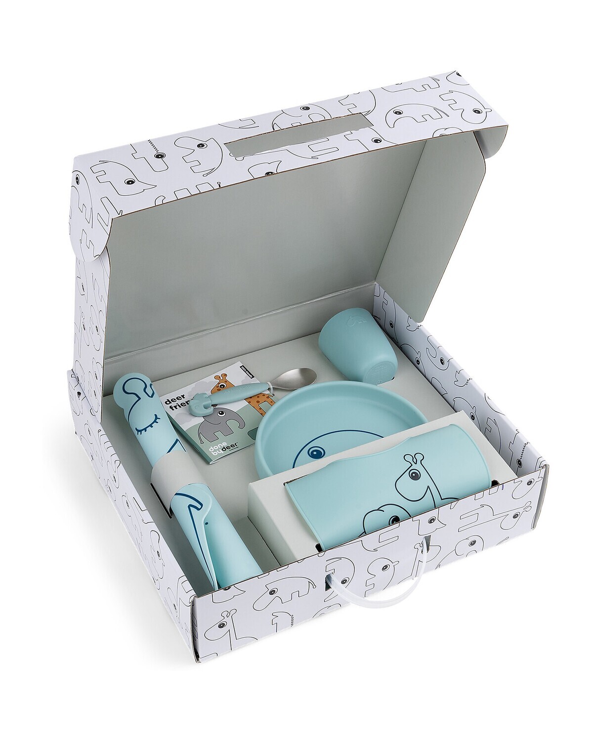 Done By Deer Goodie Box Prima Pappa - Set con Bavaglino, tovaglietta, Piatto, cucchiaio e mini Tazza - Blu - 100% Silicone Alimentare
