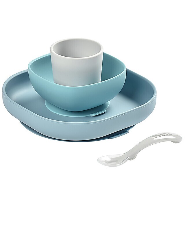 Beaba Set Completo per Pappa 4 pezzi Silicone Grigio Chiaro Azzurro Celeste