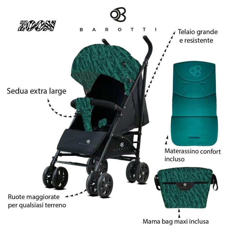Barotti Zoom Passeggino Black Green Guatelana Ultraleggero da 0 a 36 mesi