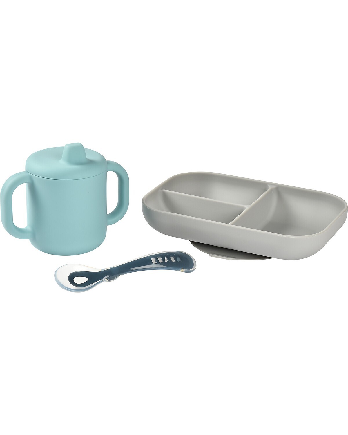 Beaba Set Pappa da Apprendimento in Silicone - Piatto Triscomparto + Tazza con Beccuccio + Cucchiaio da 2 anni - Blue e