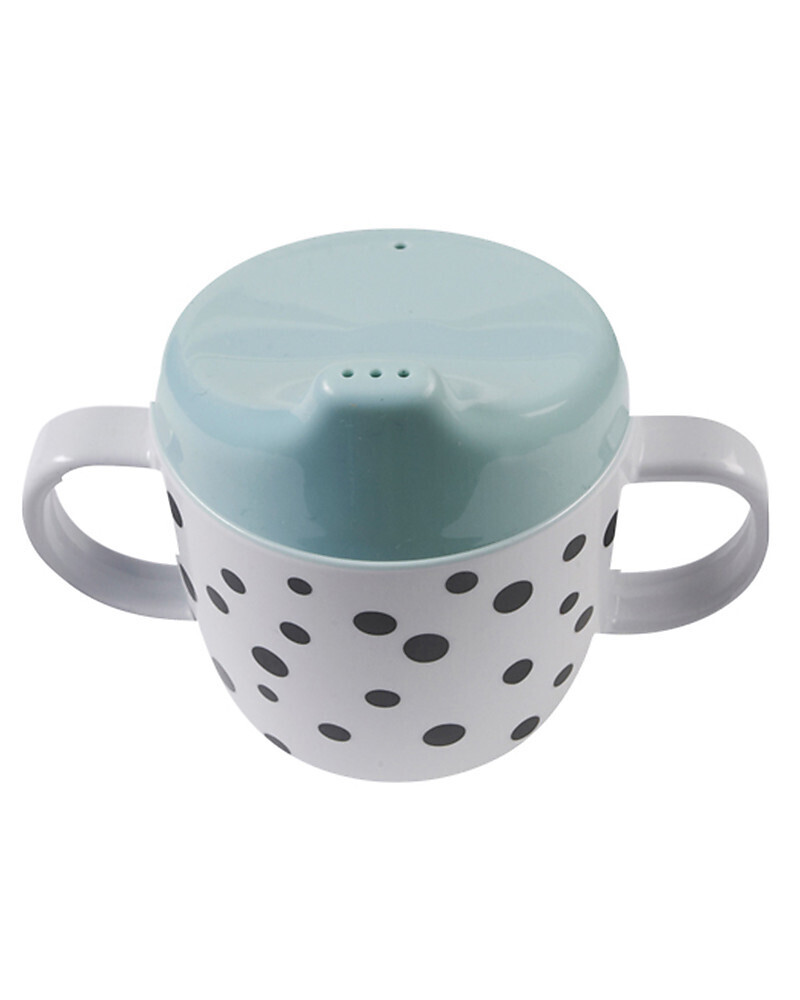 Done By Deer Tazza Spout con Beccuccio e Manici Happy Dots, Celeste/Nero - 230 ml