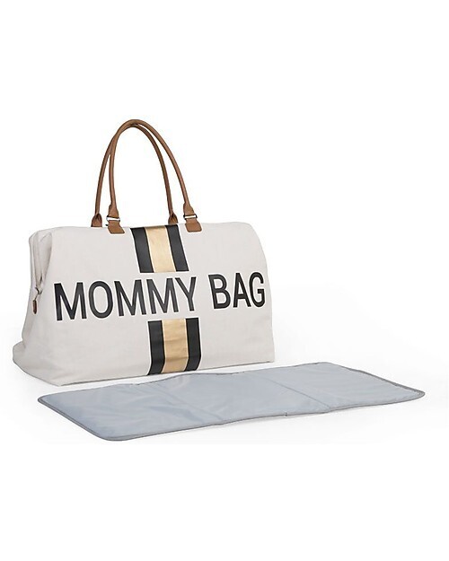 Childhome Mommy Bag Borsa Fasciatoio 55x30x40 cm Righe Nero Oro Include materassino per il cambio