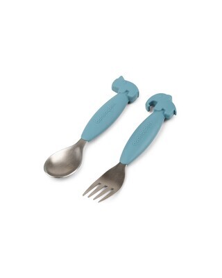 Done By Deer Set Posate Antiscivolo Forchetta e Cucchiaio Blu Silicone Alimentare e Acciaio inossidabile