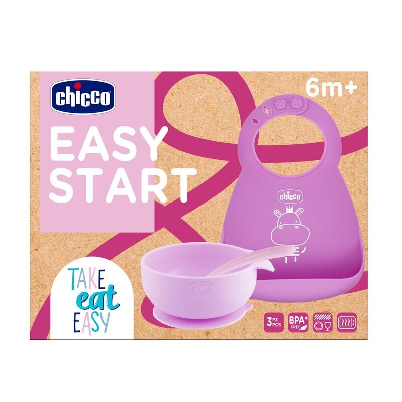 Chicco Set Easy Start Set di 3 pz Ciotola Bavaglino Cucchiao Rosa