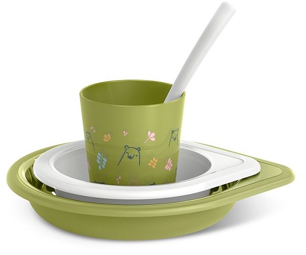 Suavinex Set Svezzamento Verde da 4 pz  piatto, ciotola, tazza e cucchiaio.