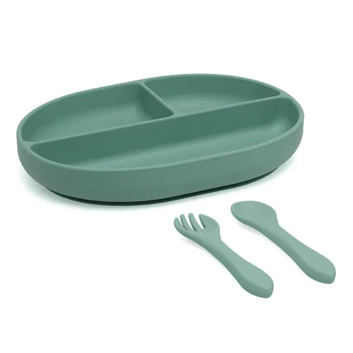 Kiokids Set Pappa in Silicone con Piattino 3 Scomparti con Ventosa Cucchiaino e Forchetta