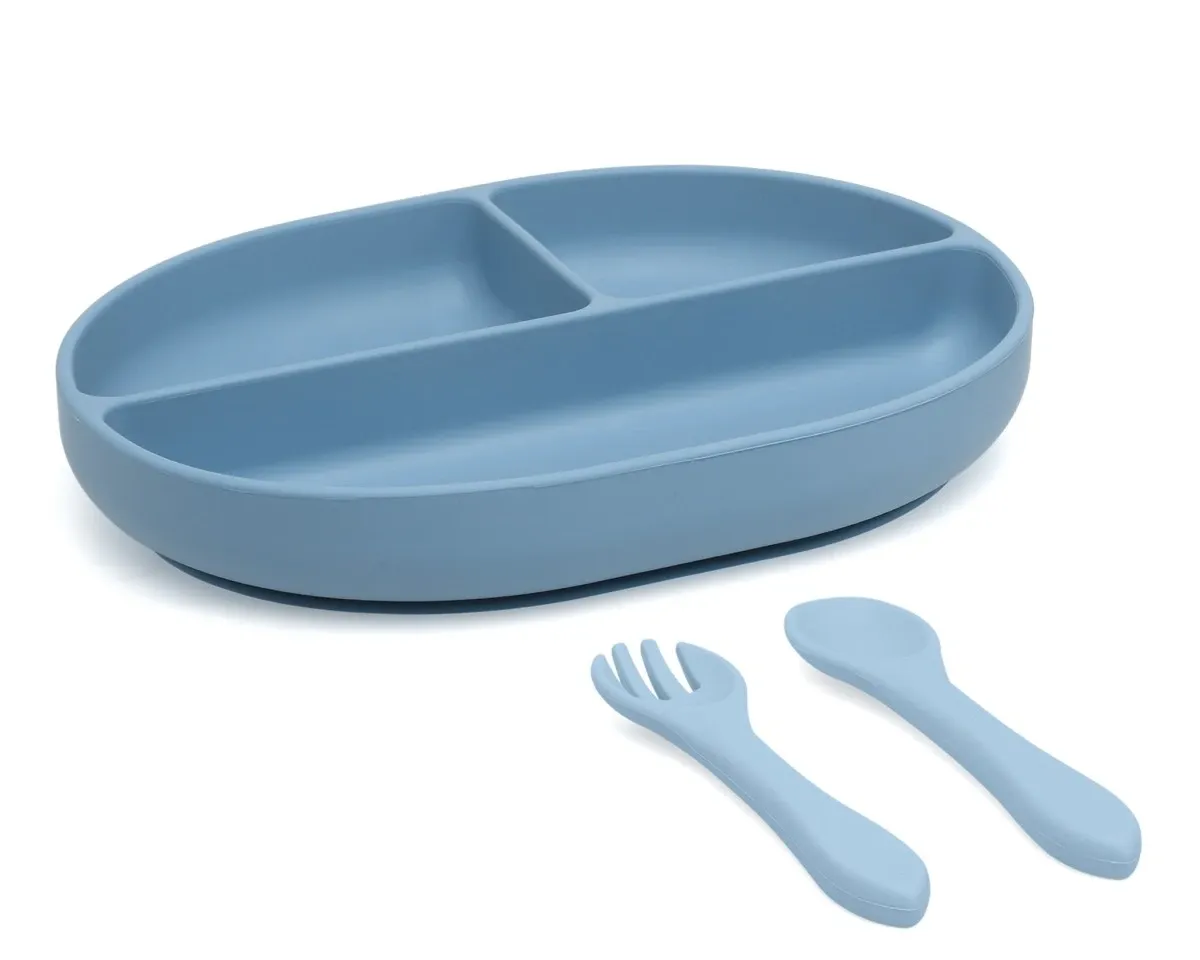 Kiokids Set Pappa in Silicone con Piattino a 3 Scomparti con Ventosa Cucchiaino e Forchetta Azzurro