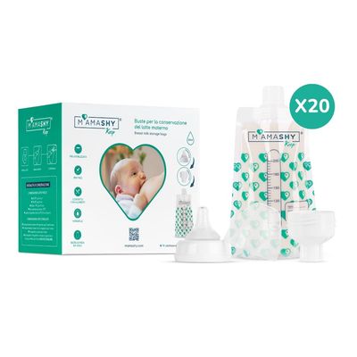 Mamashy MamaKeep 20 Buste per la conservazione del latte materno + 1 adattatore + 1 tettarella