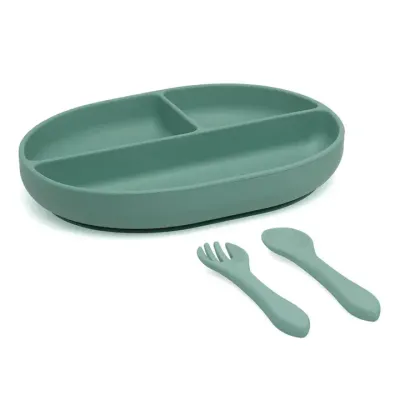 Kiokids Set Pappa in Silicone con Piattino a 3 Scomparti con Ventosa Cucchiaino e Forchetta Salvia
