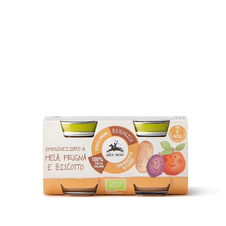 Alce Nero Omogeneizzato di Mela Prugna e Biscotto Biologico 2x80g