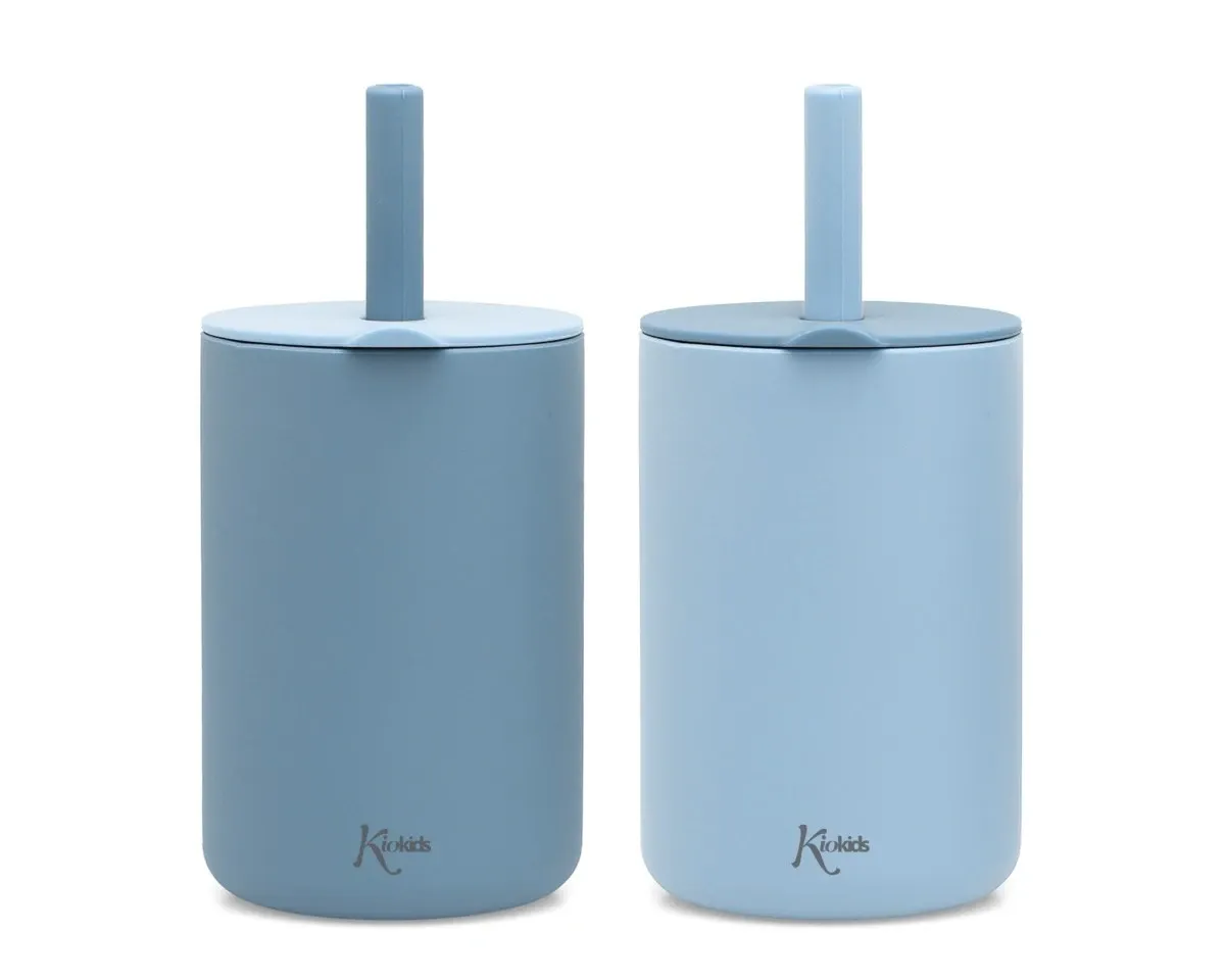 Kiokids Bicchieri in Silicone Blu con Cannuccia da 2 pz