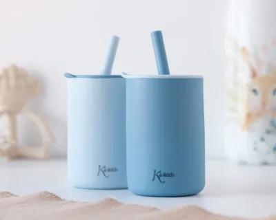 Kiokids Bicchieri in Silicone Blu con Cannuccia da 2 pz