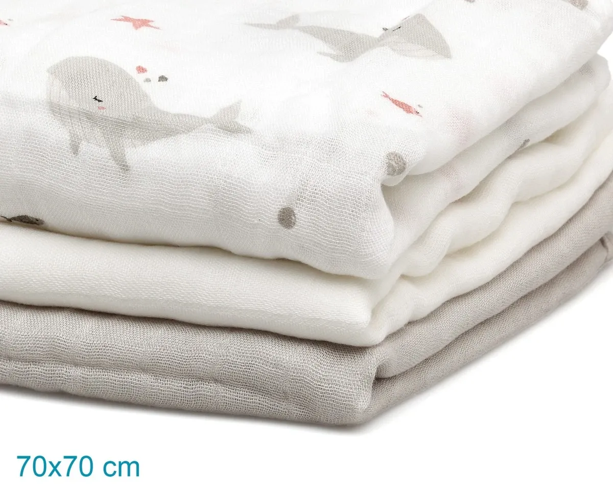 Kiokids Set 3 Mussolina Oceano grigio e bianco 70x70cm