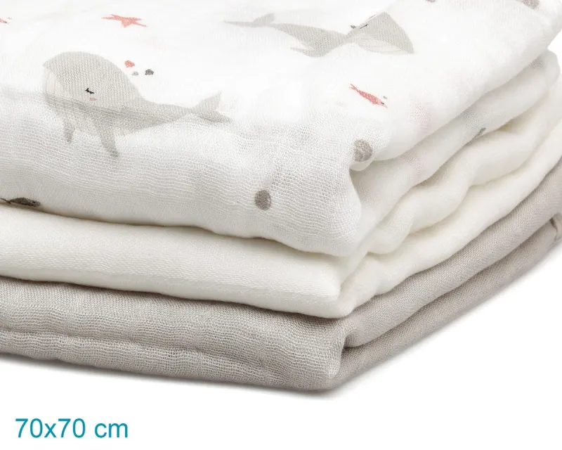 Kiokids Set 3 Mussolina Oceano grigio e bianco 70x70cm