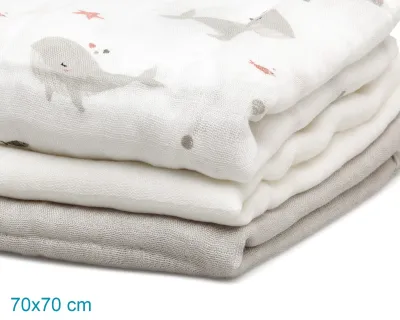 Kiokids Set 3 Mussolina Oceano grigio e bianco 70x70cm