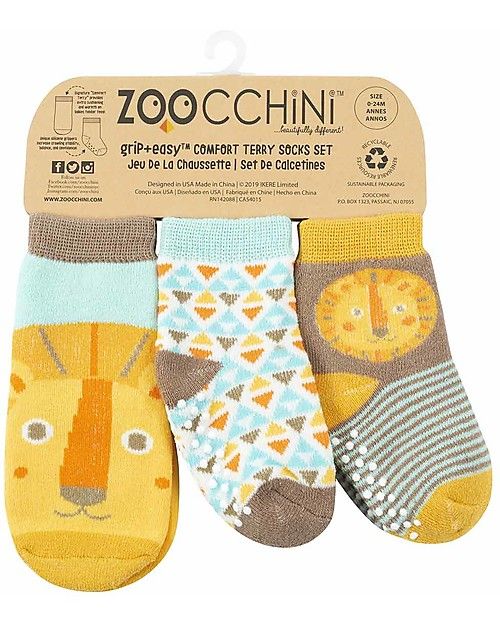 Zoocchini Calzini Antiscivolo Grip+Easy Leo il Leone, Pacco da 3 - 0-24 mesi