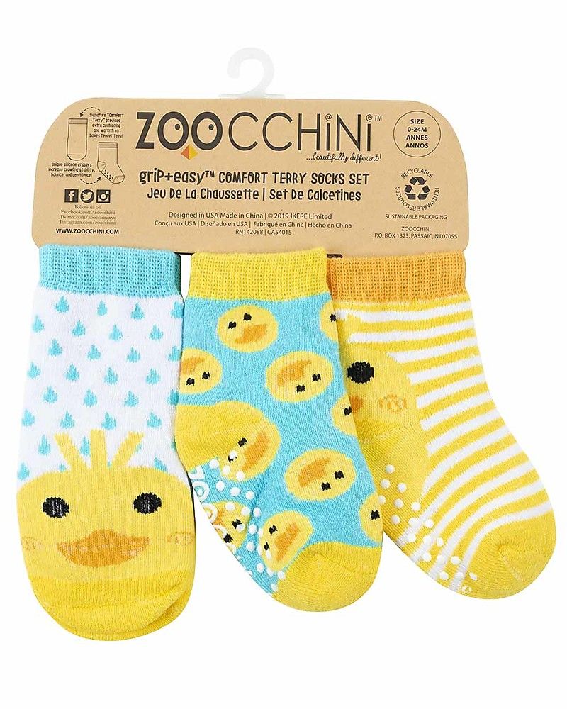 Zoocchini Calzini Antiscivolo Grip+Easy Puddles l'Anatroccolo, Pacco da 3 - 0-24 mesi