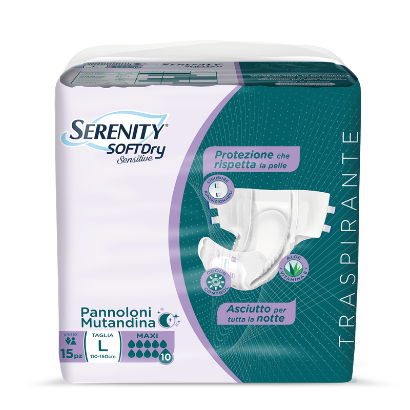 Serenity Pannolone Sensitive con Adesivo tg L 110-150 Maxi 10 Gocce 15 Pz.