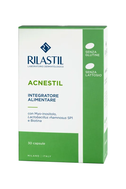 Rilastil Acnestil Integratore alimentare a base di Probiotici, Prebiotici e Biotina.