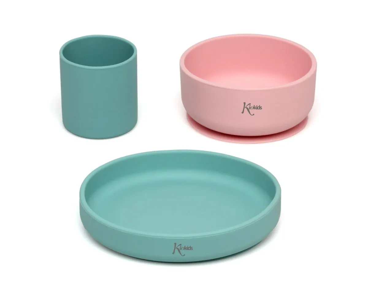 Kiokids Set Stoviglie 3 pz Silicone Rosa e Verde