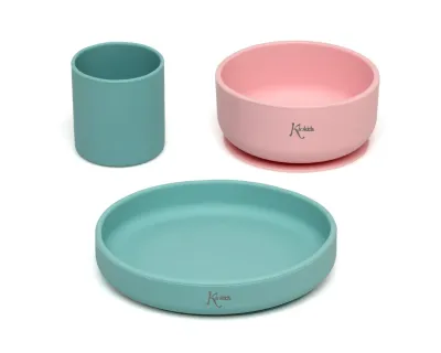 Kiokids Set Stoviglie 3 pz Silicone Rosa e Verde