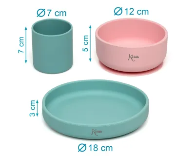 Kiokids Set Stoviglie 3 pz Silicone Rosa e Verde