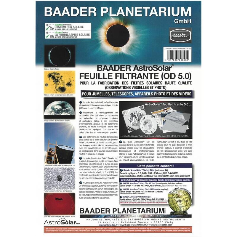 Film solaire photo et visuel - Baader AstroSolar de densité 5.0