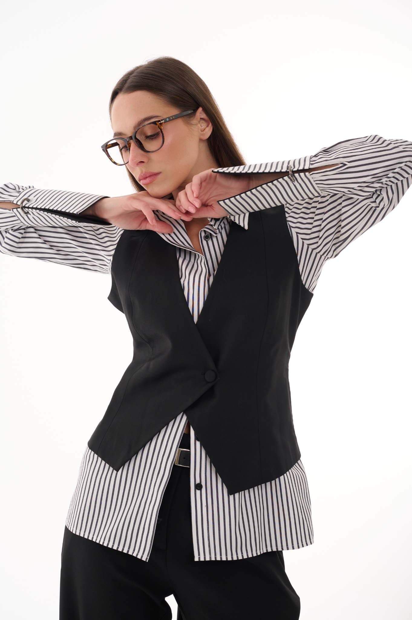 Stripped Blouse with attached Black vest 1