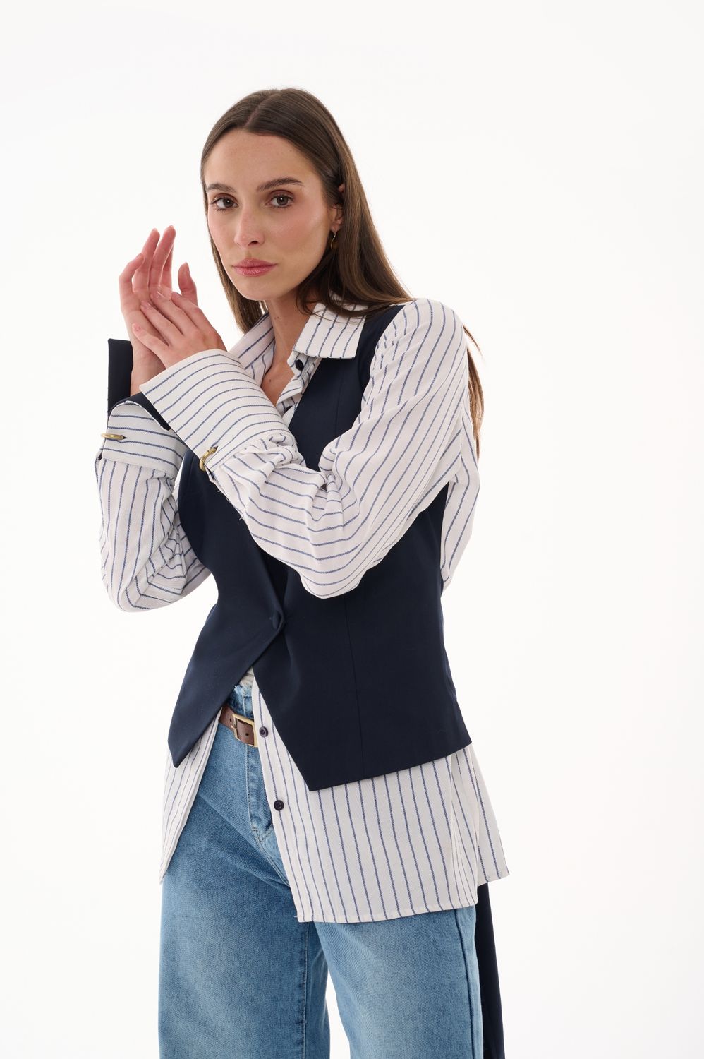 Stripped Blouse with attached Navy vest