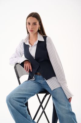 Stripped Blouse with attached Navy vest