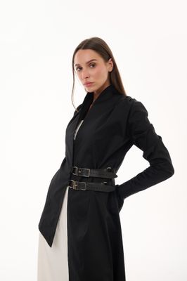 Low High Black Blouse with genuine leather Belt