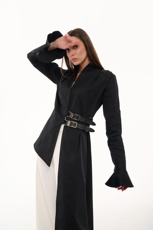 Low High Black Blouse with genuine leather Belt 